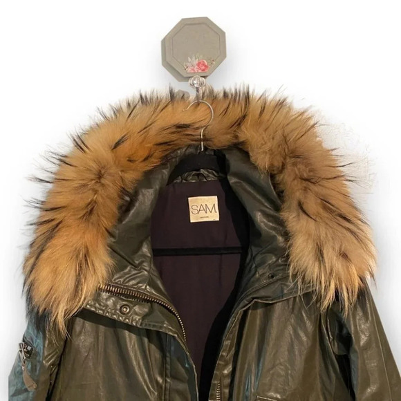 SAM. NYC Devon  Parka in Khaki Green Raccoon - Picture 6 of 16